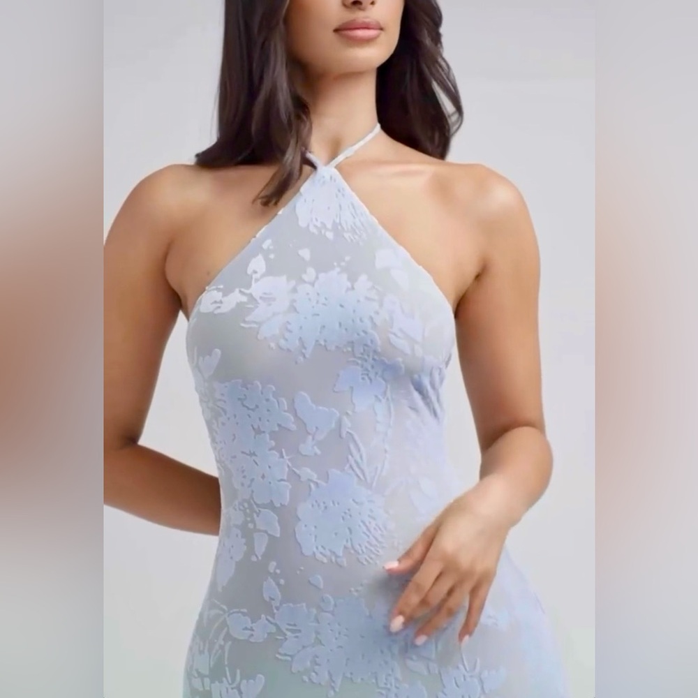 Naked wardrobe baby blue burned velvet halter maxi dress sz medium